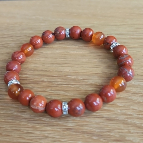 Red Jasper & Carnelian Bead Stretch Hand Crafted Bracelet - Picture 6 of 11